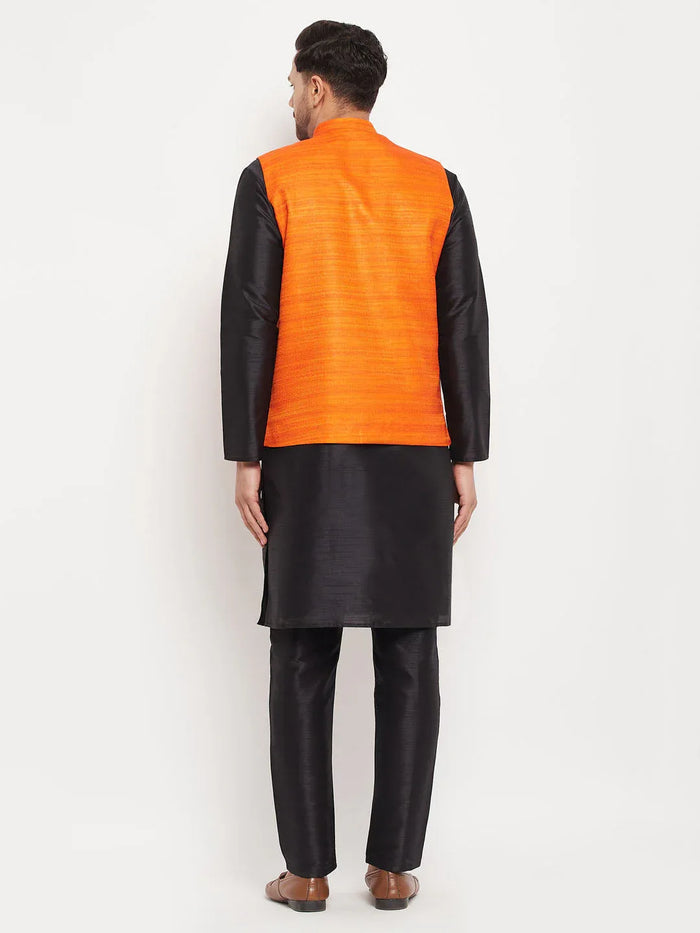 Men's Orange Matka Silk Nehru Jacket With Black Silk Blend Kurta And Pant Style Pyjama Set