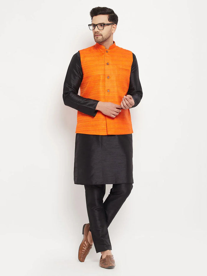Men's Orange Matka Silk Nehru Jacket With Black Silk Blend Kurta And Pant Style Pyjama Set