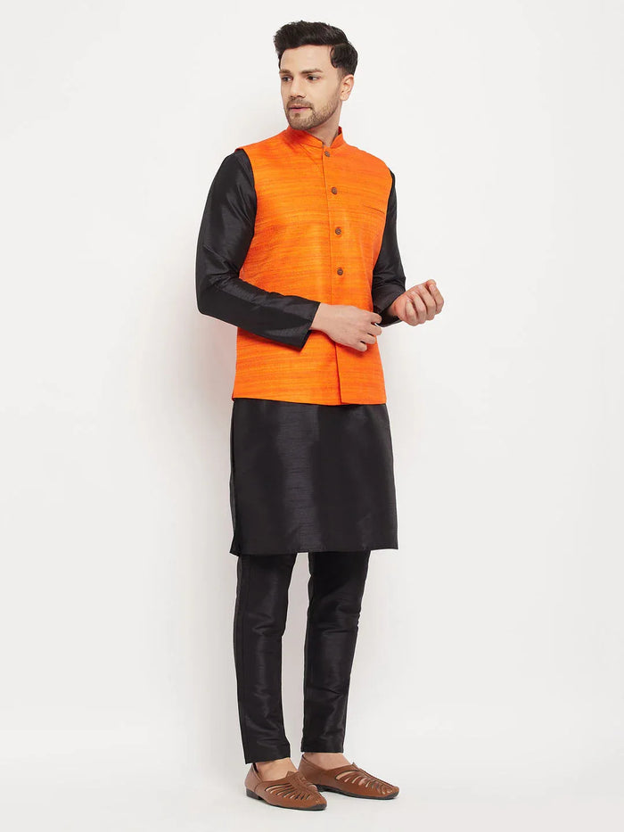 Men's Orange Matka Silk Nehru Jacket With Black Silk Blend Kurta And Pant Style Pyjama Set