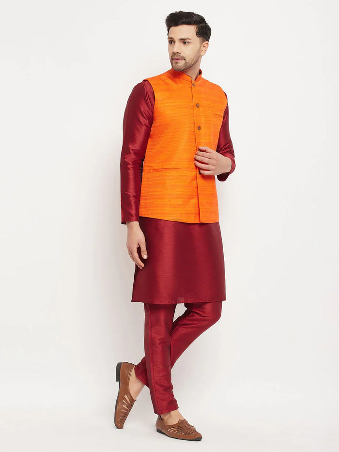 Men's Orange Matka Silk Nehru Jacket With Maroon Silk Blend Kurta And Pant Style Pyjama Set