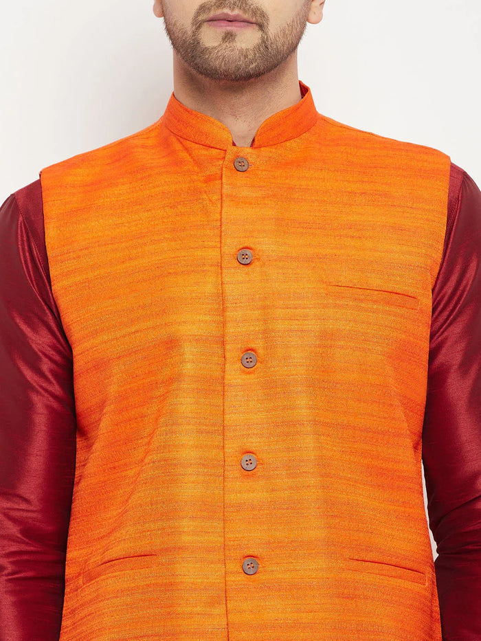 Men's Orange Matka Silk Nehru Jacket With Maroon Silk Blend Kurta And Pant Style Pyjama Set