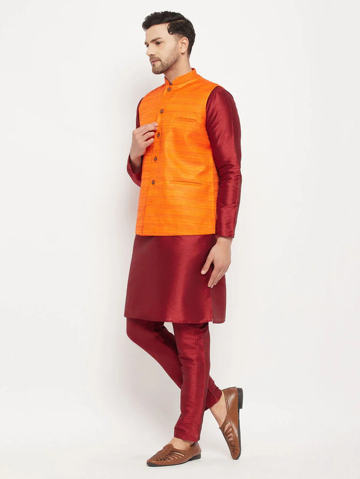 Men's Orange Matka Silk Nehru Jacket With Maroon Silk Blend Kurta And Pant Style Pyjama Set