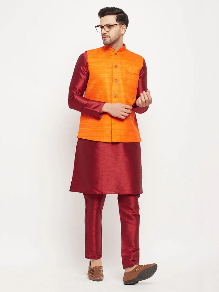Men's Orange Matka Silk Nehru Jacket With Maroon Silk Blend Kurta And Pant Style Pyjama Set