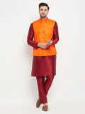 Men's Orange Matka Silk Nehru Jacket With Maroon Silk Blend Kurta And Pant Style Pyjama Set