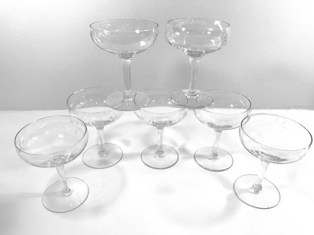 Mid-Century Etched Starburst Champagne Glasses (Set of 6)