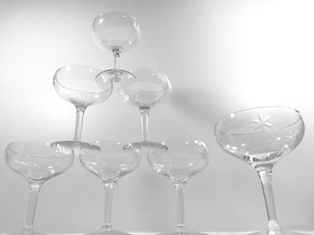 Mid-Century Etched Starburst Champagne Glasses (Set of 6)