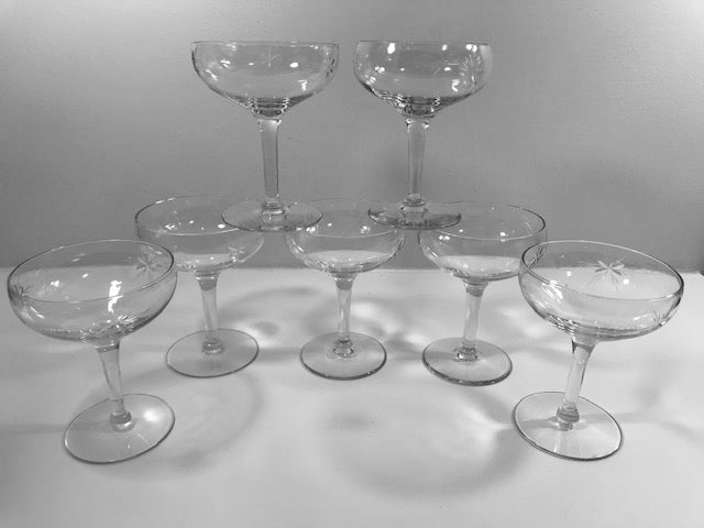 Mid-Century Etched Starburst Champagne Glasses (Set of 6)