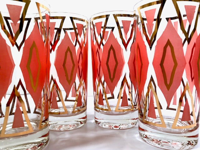 Mid-Century Geometric Gold and Orange Glasses (Set of 4)