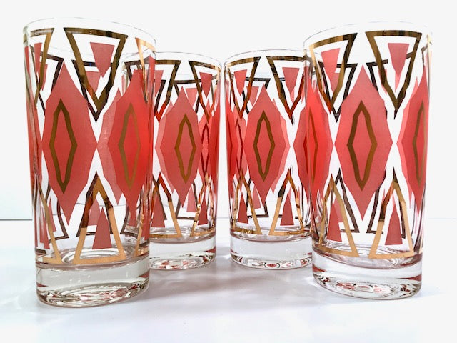 Mid-Century Geometric Gold and Orange Glasses (Set of 4)