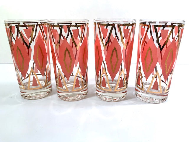 Mid-Century Geometric Gold and Orange Glasses (Set of 4)