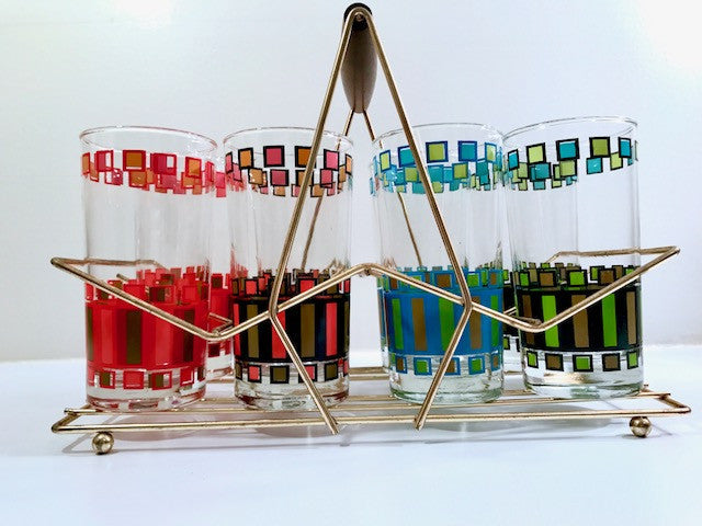 Mid-Century Retro Rectangles Glasses With Carrier (Set of 8)