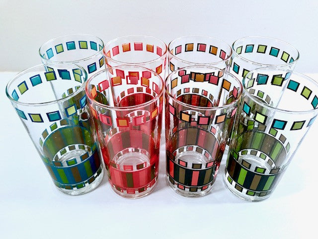 Mid-Century Retro Rectangles Glasses With Carrier (Set of 8)