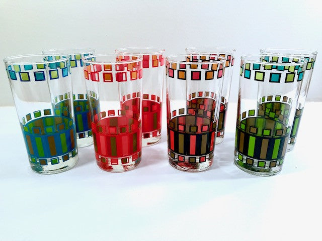 Mid-Century Retro Rectangles Glasses With Carrier (Set of 8)