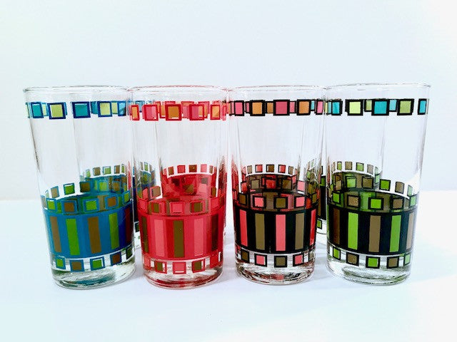 Mid-Century Retro Rectangles Glasses With Carrier (Set of 8)