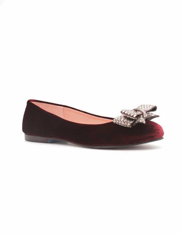 red velvet flat with a low heel and a crystal-embellished bow on the toe round toe angle view