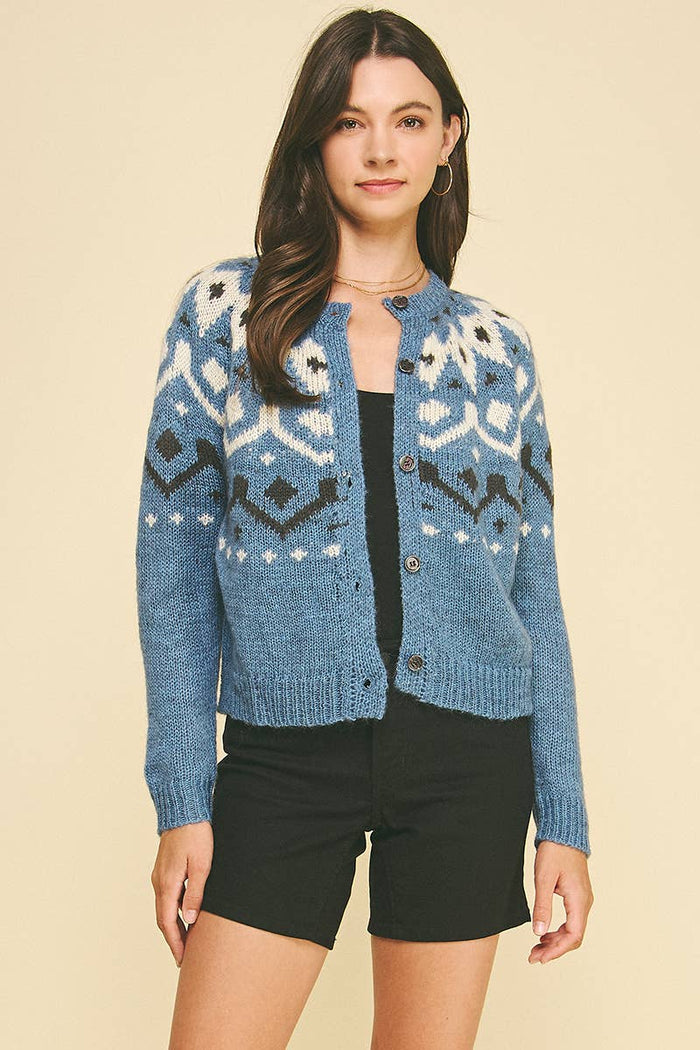 NORDIC PATTERN BUTTON DOWN CARDIGAN Blue / SM ML