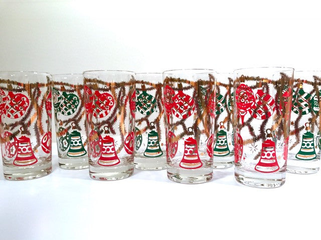 Norman Wolff Co Mid-Century Red and Green Christmas Garland Glasses (Set of 8)