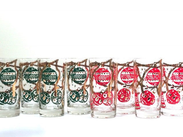 Norman Wolff Co Mid-Century Red and Green Christmas Garland Glasses (Set of 8)