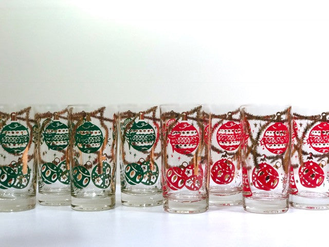 Norman Wolff Co Mid-Century Red and Green Christmas Garland Glasses (Set of 8)