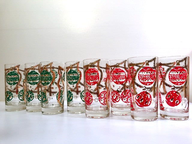 Norman Wolff Co Mid-Century Red and Green Christmas Garland Glasses (Set of 8)