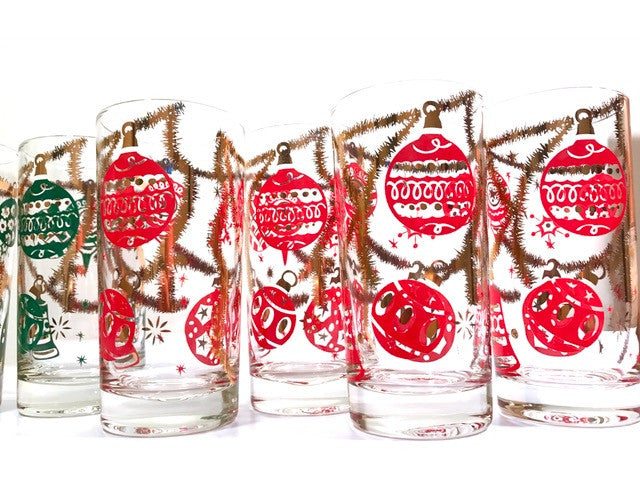 Norman Wolff Co Mid-Century Red and Green Christmas Garland Glasses (Set of 8)