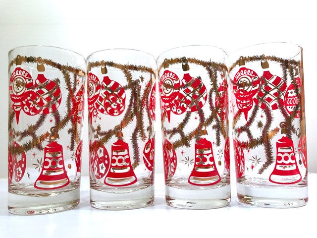 Norman Wolff Co Mid-Century Red and Green Christmas Garland Glasses (Set of 8)