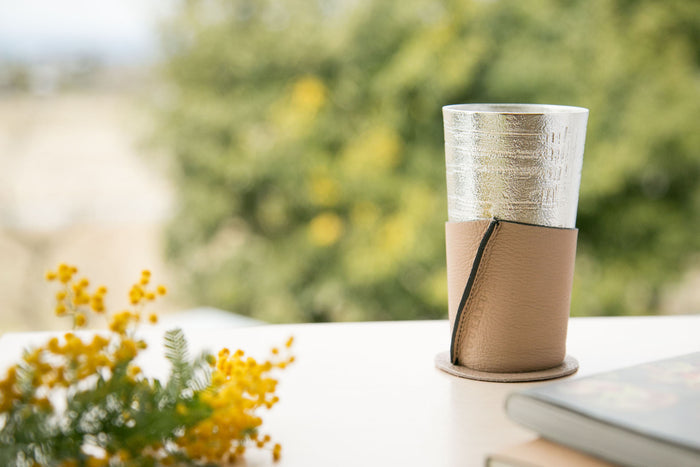 Nousaku - Beer Cup White Birch Pattern with Holder and Coaster (Beige/Black/Red)