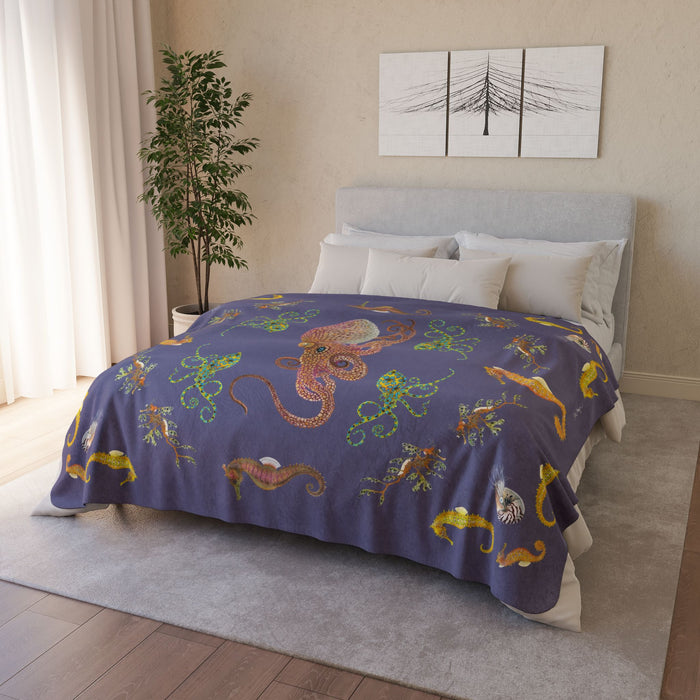 Octopi and Seahorses Soft Fleece Sherpa Blanket Printify