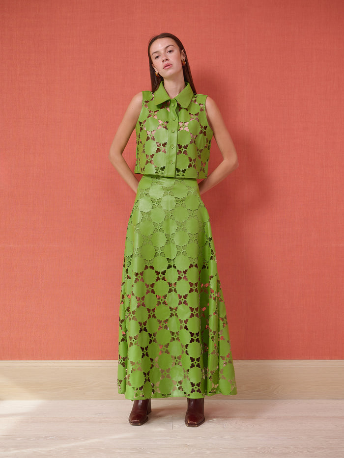 Olive Sleeveless Button Down - Laser Cut Green