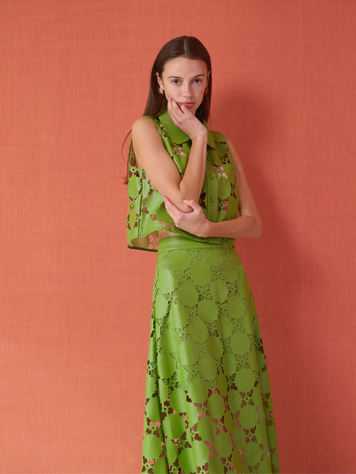 Olive Sleeveless Button Down - Laser Cut Green