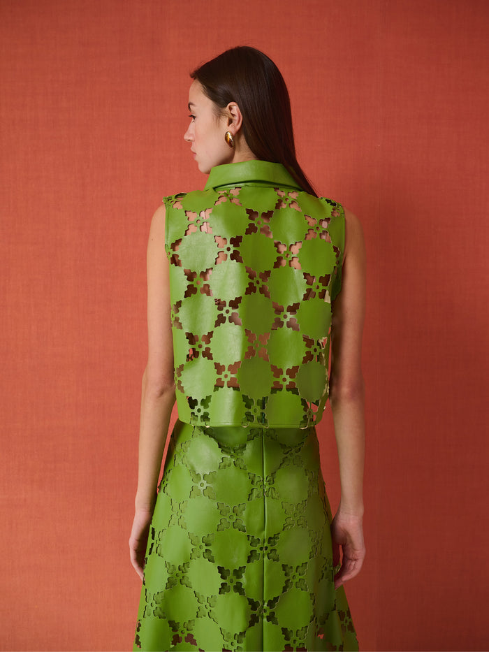 Olive Sleeveless Button Down - Laser Cut Green