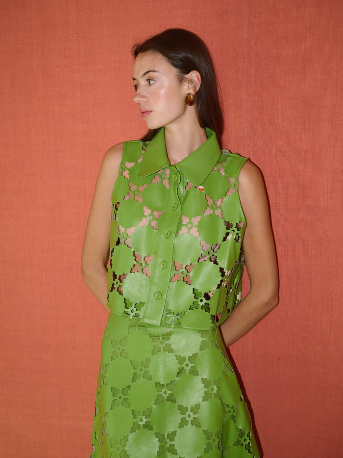 Olive Sleeveless Button Down - Laser Cut Green