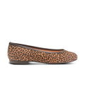 Leopard-print suede ballet flat with a rounded toe and black leather trim. Side view