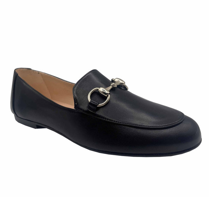 angle view of black leather loafer with sliver buckle - slip on loafer