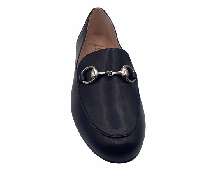 top of black leather loafer with sliver buckle