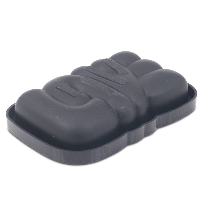 A silicone mold with a smooth surface, rectangular in shape, spelling "Love" designed for baking or freezing food items.