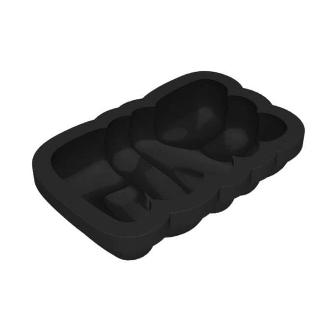 A silicone mold with a smooth surface, rectangular in shape, spelling "Love" designed for baking or freezing food items.