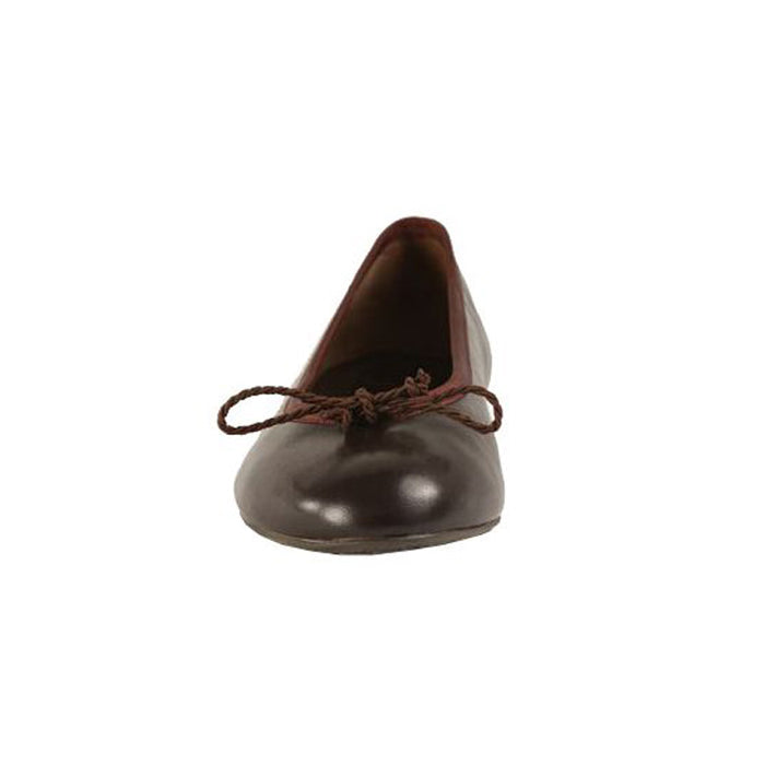 A chocolate brown, calfskin leather ballet flat with an adjustable drawstring and a lightly cushioned leather insole, displayed against a white background.