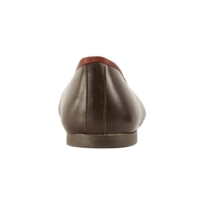 A chocolate brown, calfskin leather ballet flat with an adjustable drawstring and a lightly cushioned leather insole, displayed against a white background.