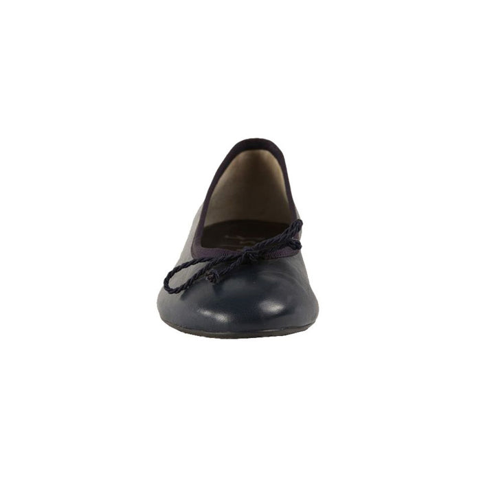 Navy leather ballet flat with matching drawstring bow front view