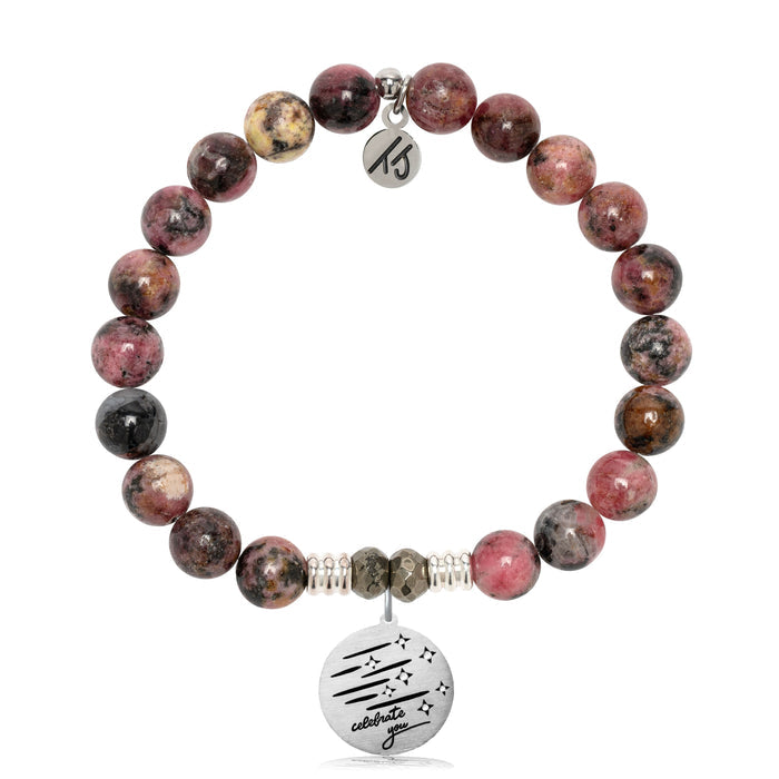 Pink Rhodonite Gemstone Bracelet with Birthday Wishes Sterling Silver Charm