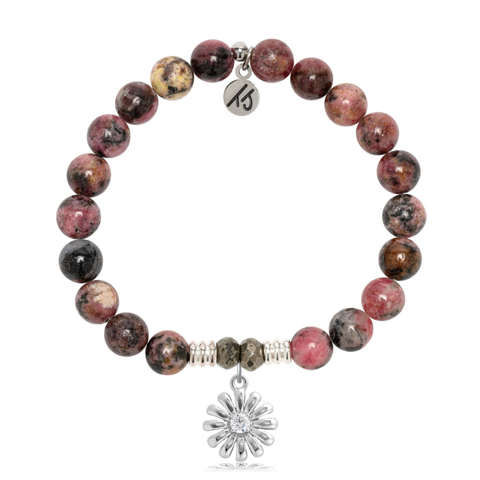 Pink Rhodonite Gemstone Bracelet with Daisy Sterling Silver Charm