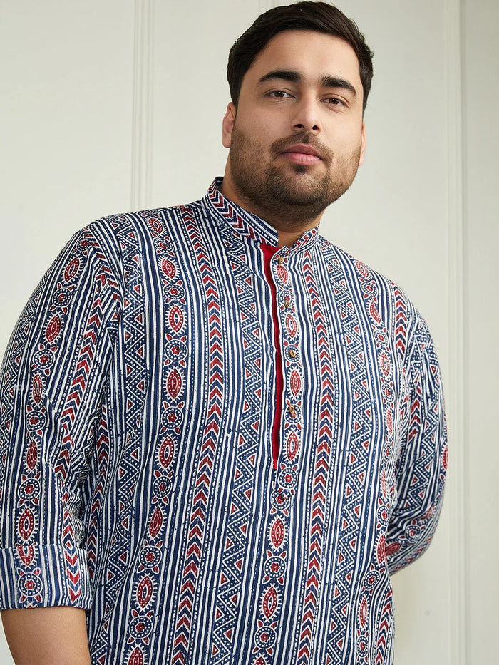 Plus Men's Indigo Blue White Cotton Kurta Pyjama Set