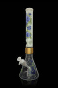 Floral patterned glass water pipe (bong) with a clear mouthpiece.