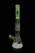 Neon green and black glass water pipe (bong) with celestial pattern, studio shot.