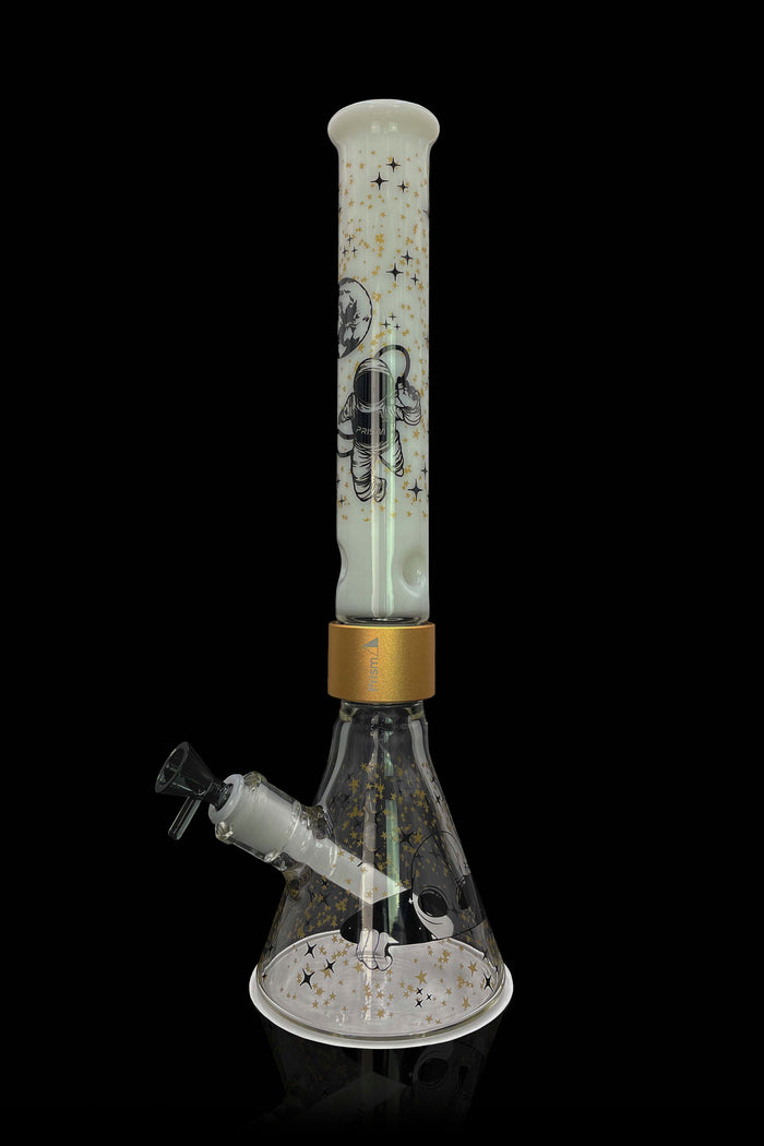 Glass bong with astronaut and star design.