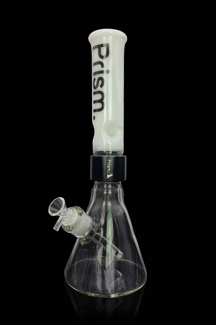 Glass bong with ice catch and removable downstem against a black background.