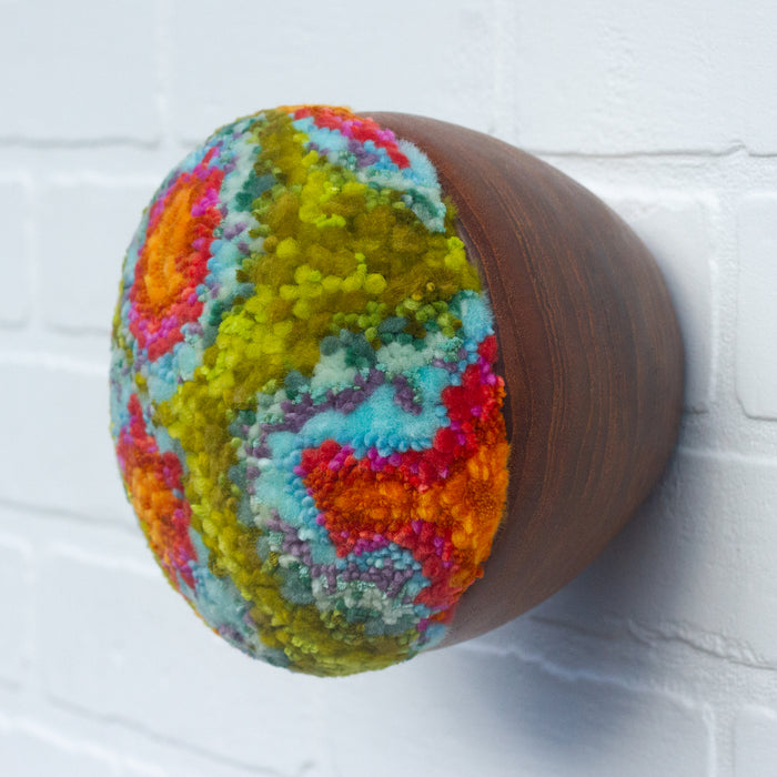 Puff Sculpture in Vintage Teak Frame | Orange + Green