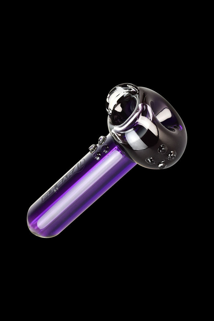 A side view of the Pulsar Glycerin Series Freezable Spoon Bowl Hand Pipe, showing its clear glass construction and curved design.