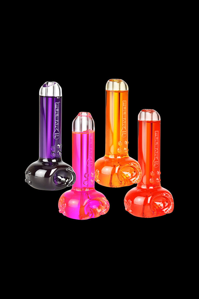 A front view of the Pulsar Glycerin Series Freezable Spoon Bowl Hand Pipe in clear glass, highlighting its curved shape and joint detail.